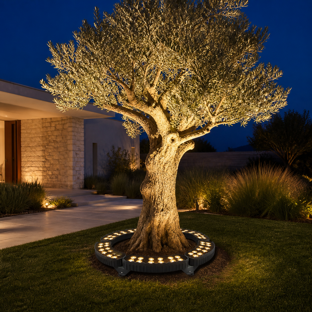 GlowTree, couronne LED autour d’un olivier dans un jardin contemporain
