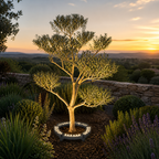 GlowTree, éclairage d’un jeune olivier dans un paysage méditerranéen