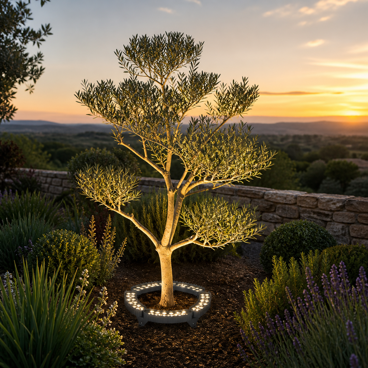 GlowTree, éclairage d’un jeune olivier dans un paysage méditerranéen