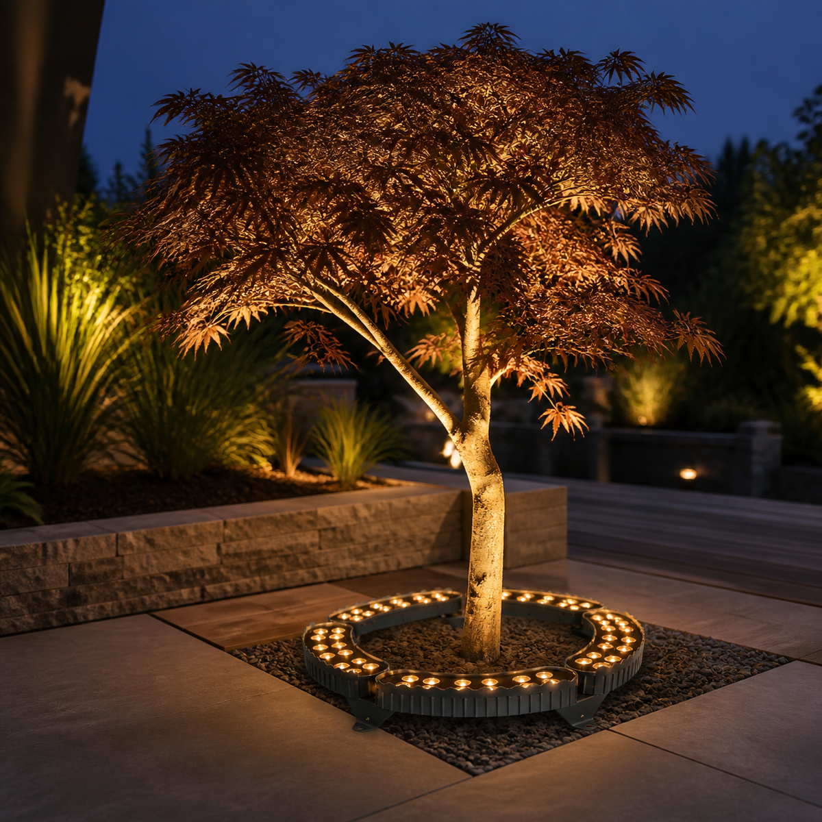 GlowTree, couronne LED autour d’un érable sur une terrasse paysagée