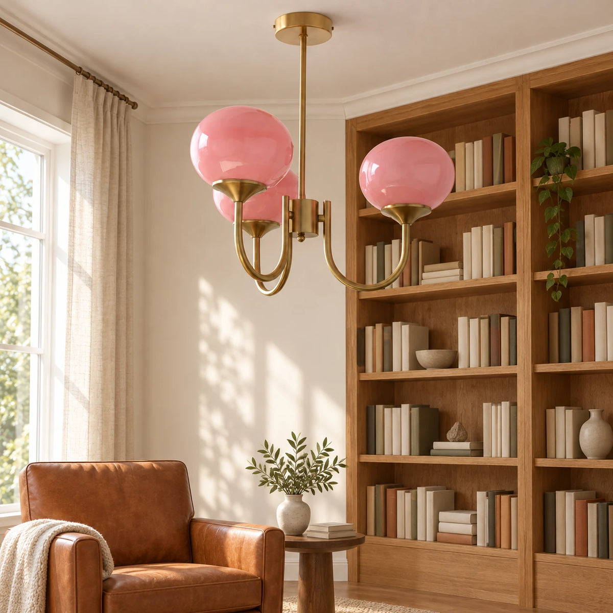 Guimauve à trois globes roses et structure dorée dans un coin bibliothèque. Décor non fourni.