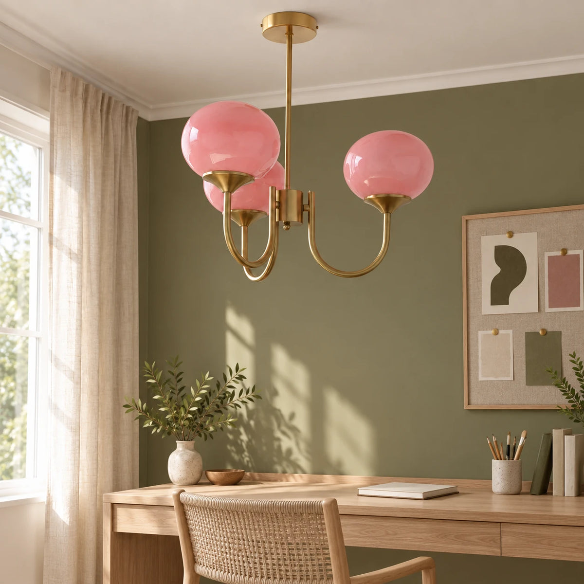 Guimauve à trois globes roses et structure dorée dans un bureau. Décor non fourni.