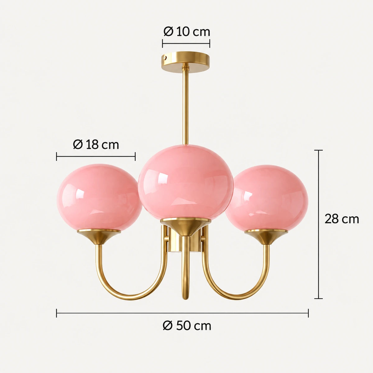 Dimensions de Guimauve : diamètre 50 cm, hauteur du corps 28 cm, globes de 18 cm, rosace de 10 cm.