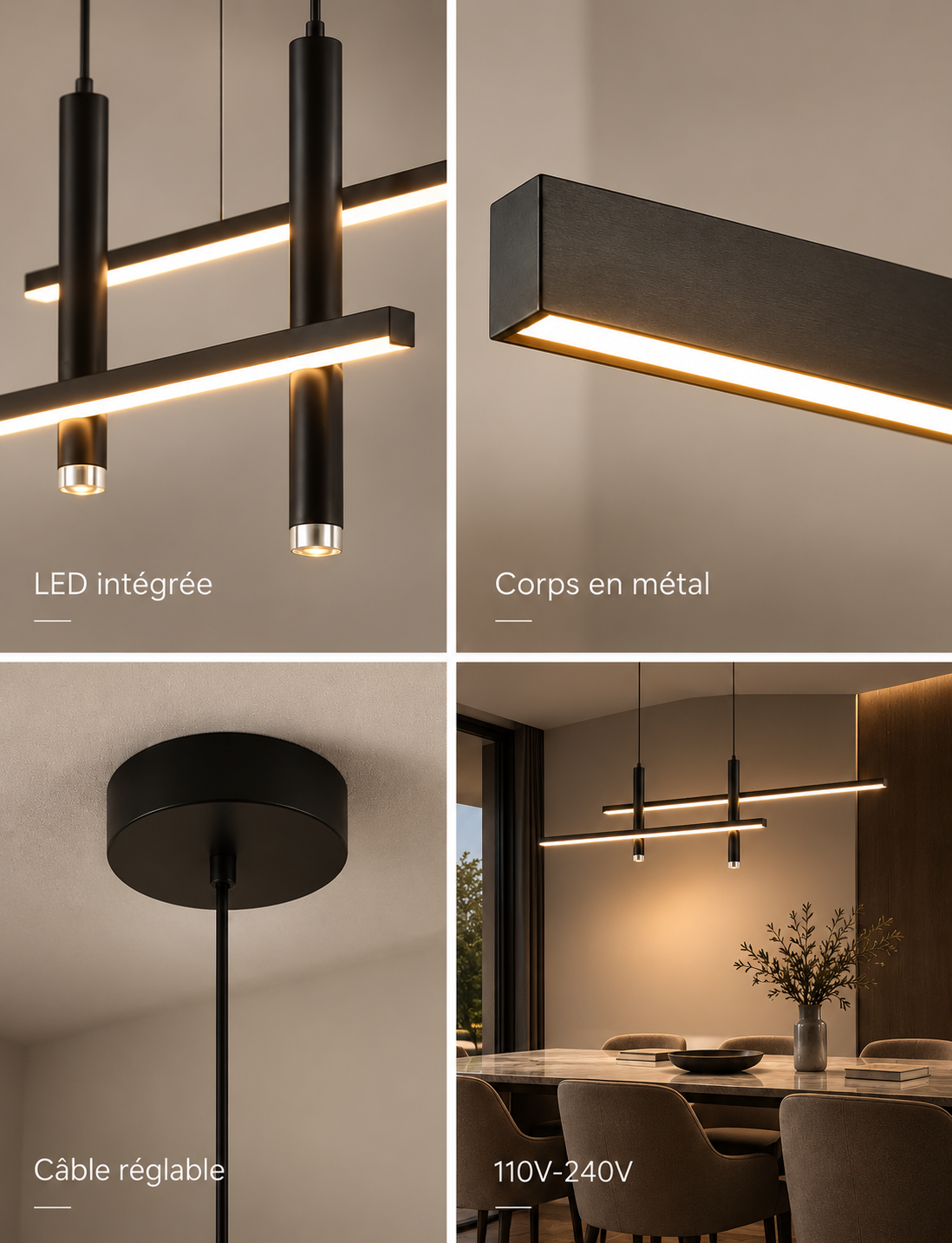 Quatre détails de la suspension Linéva Noir Charbon : barres lumineuses, corps, câble et fixation.