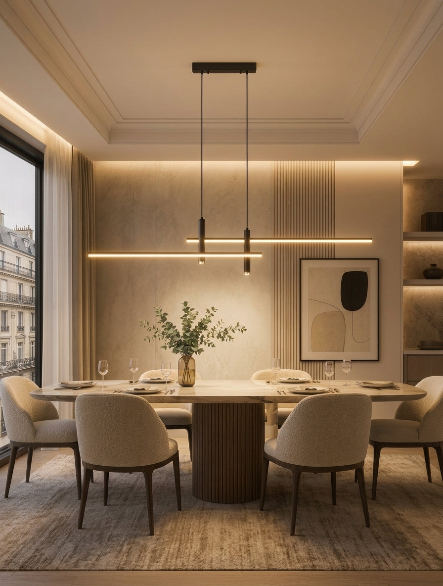 Suspension Linéva Noir Charbon avec lumière chaude dans une salle à manger.