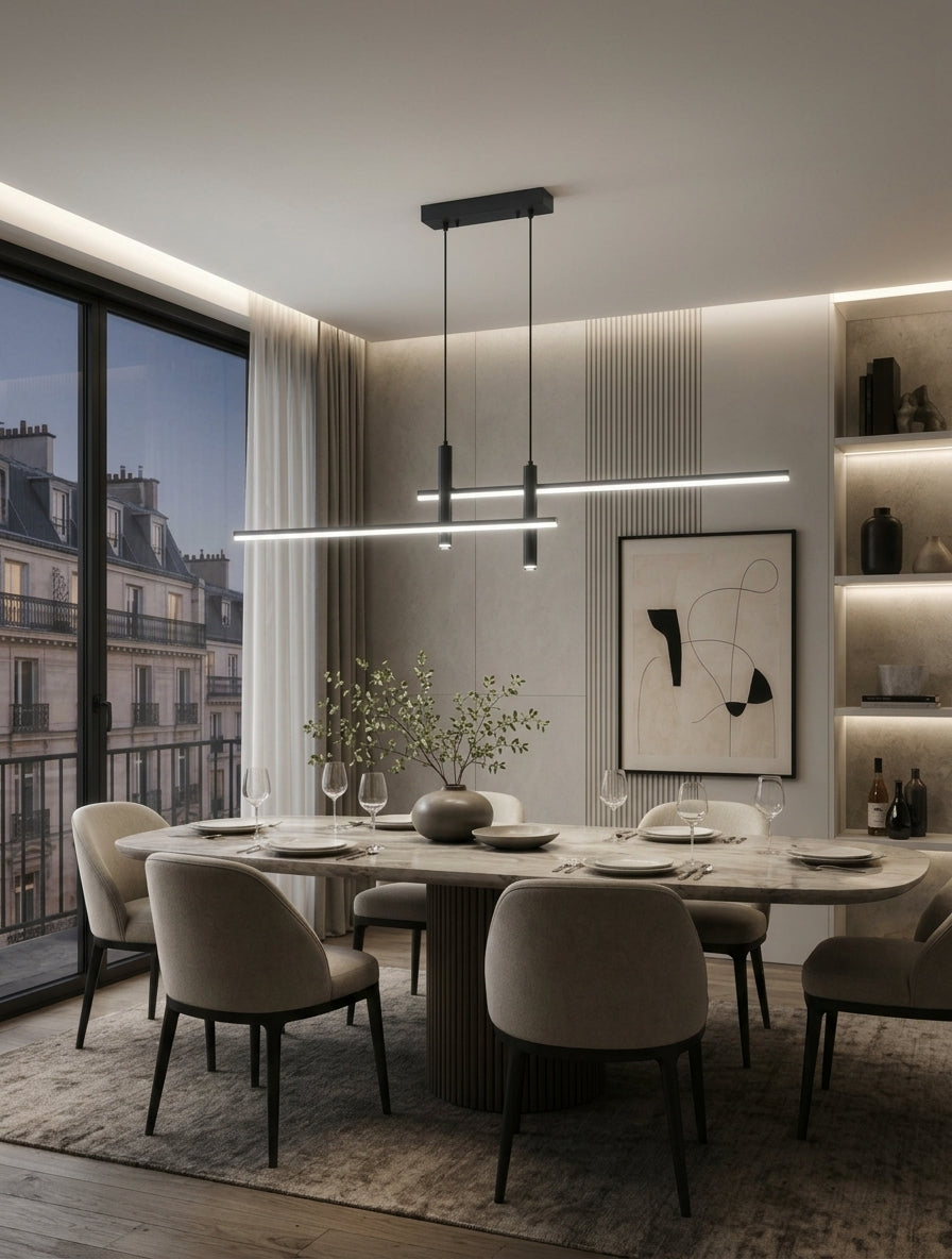 Suspension Linéva Noir Charbon avec lumière blanche dans une salle à manger.