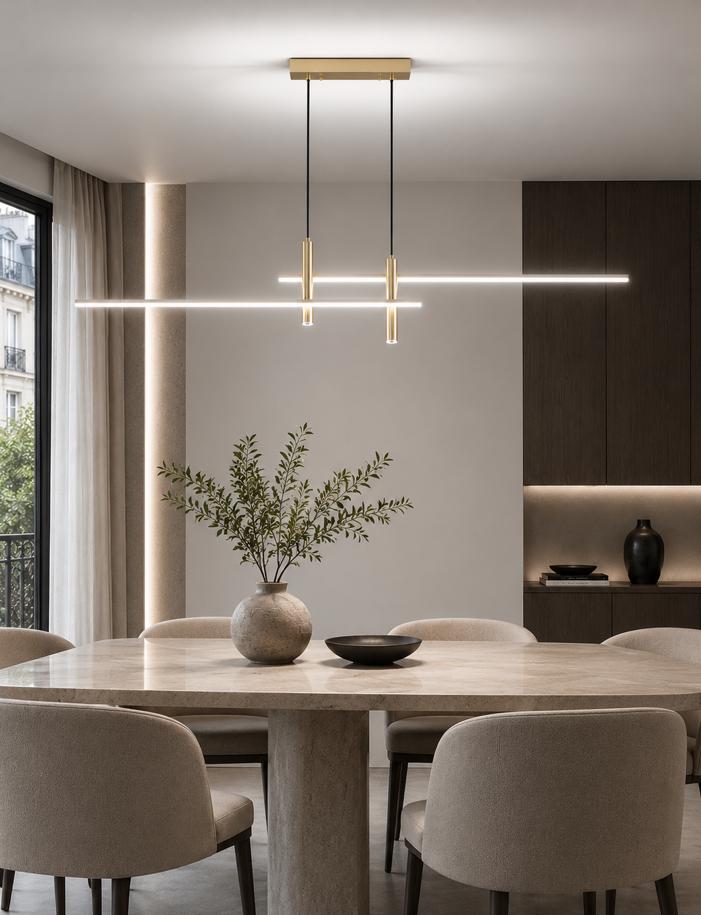 Suspension Linéva Or Champagne avec lumière blanche dans une salle à manger contemporaine.