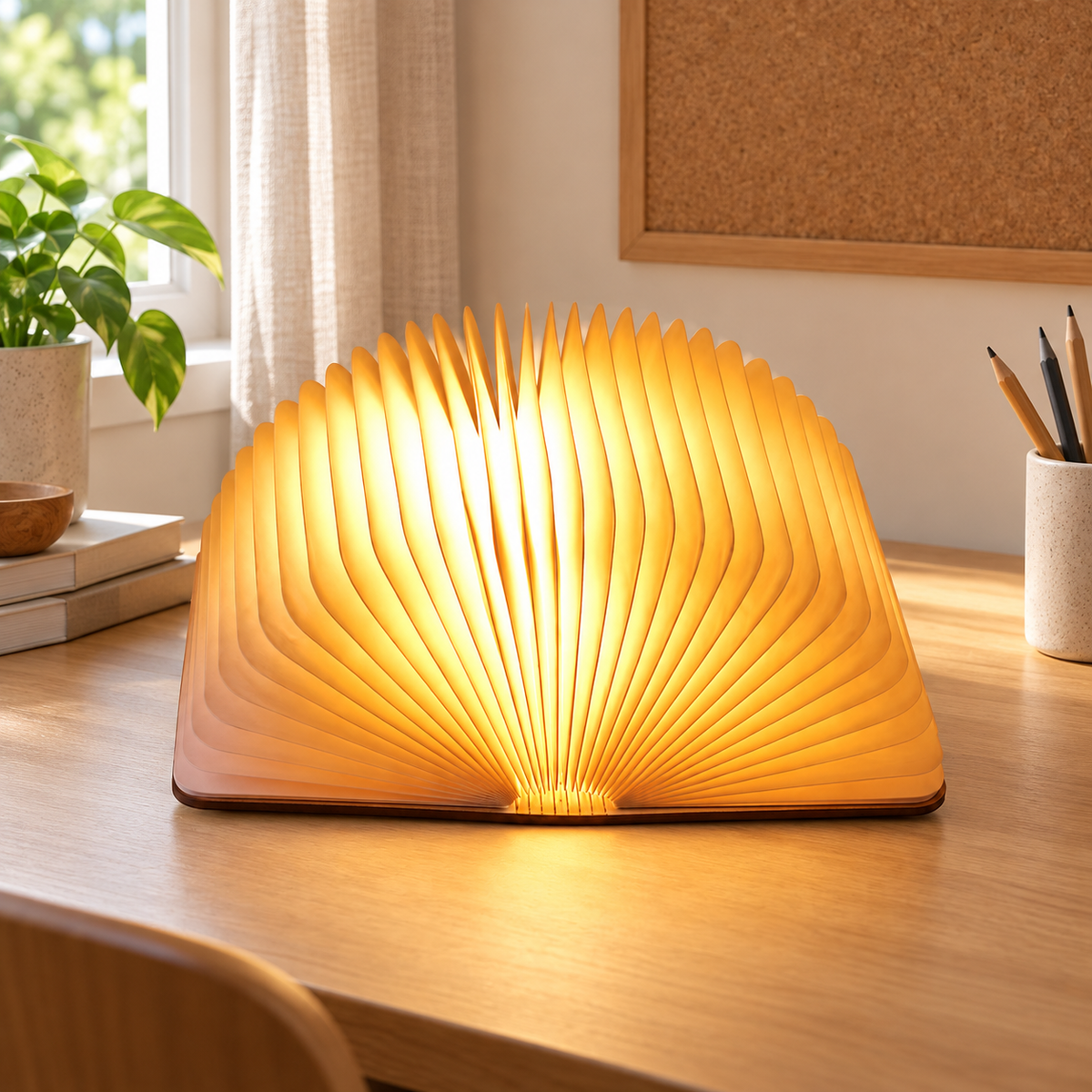 Livre lumineux sur un bureau clair — mise en scène