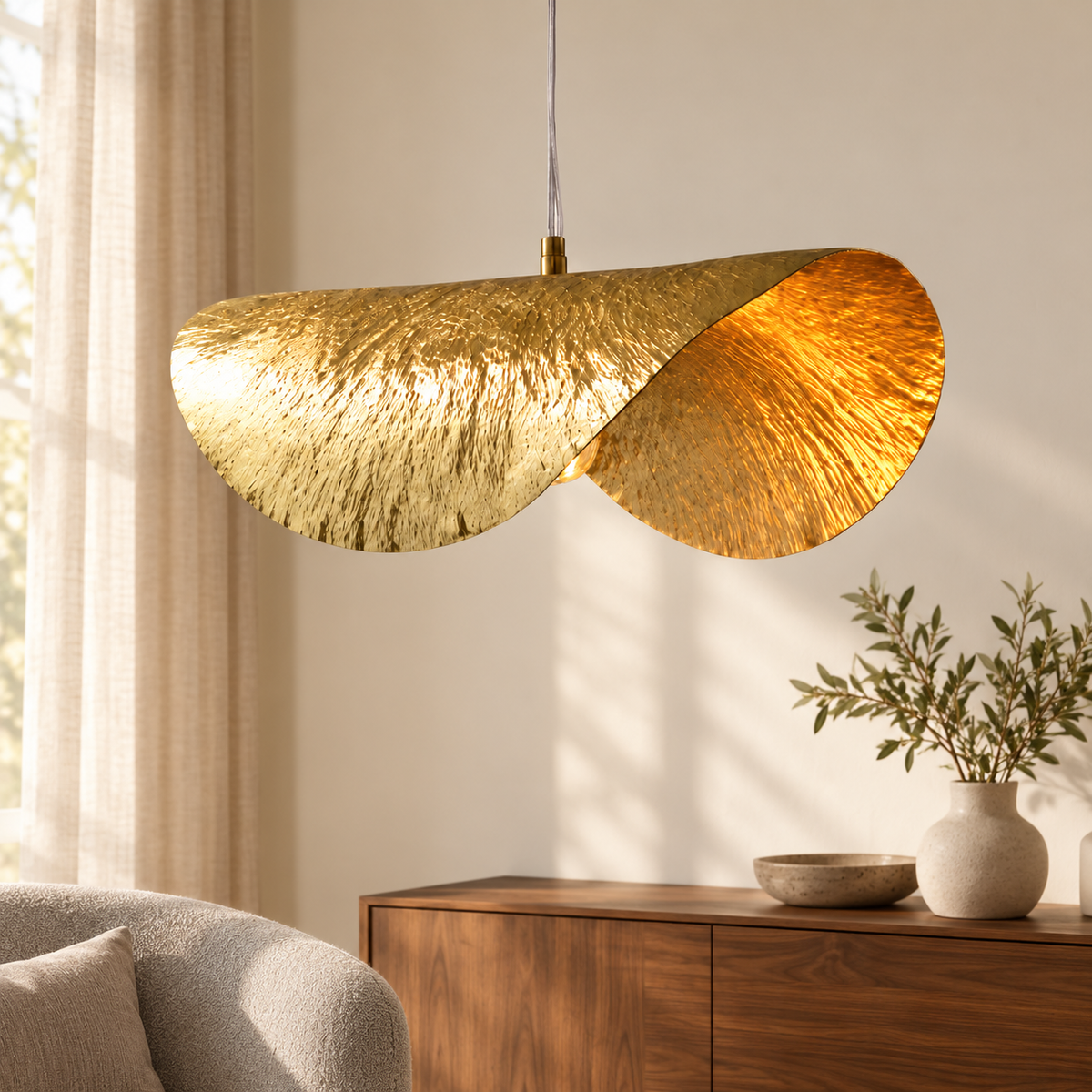 Suspension feuille de lotus dorée dans un décor illustratif au-dessus d'une console de noyer dans un salon aux murs écrus avec rideaux en lin et fauteuil gris discret