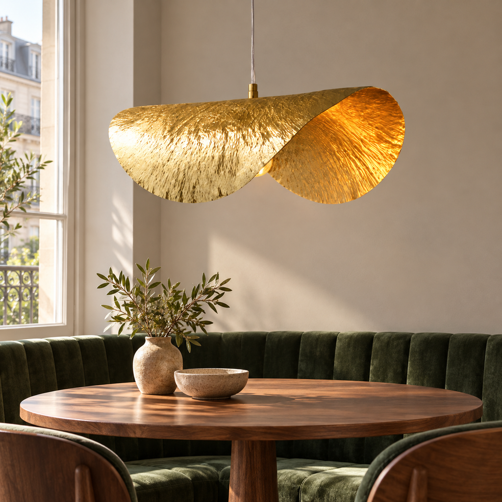 Suspension feuille de lotus dorée dans un décor illustratif au-dessus d'une petite table ronde en noyer