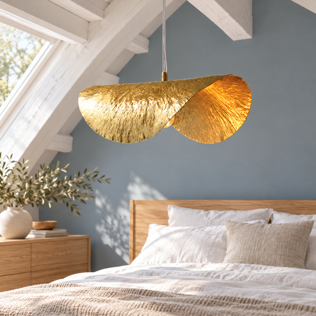 Suspension feuille de lotus dorée dans un décor illustratif dans une chambre mansardée aux poutres peintes blanc et mur bleu grisé