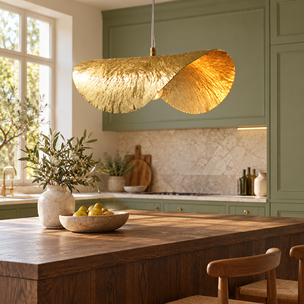 Suspension feuille de lotus dorée dans un décor illustratif au-dessus d'un îlot en chêne foncé dans une cuisine française aux façades vert sauge et crédence pierre claire
