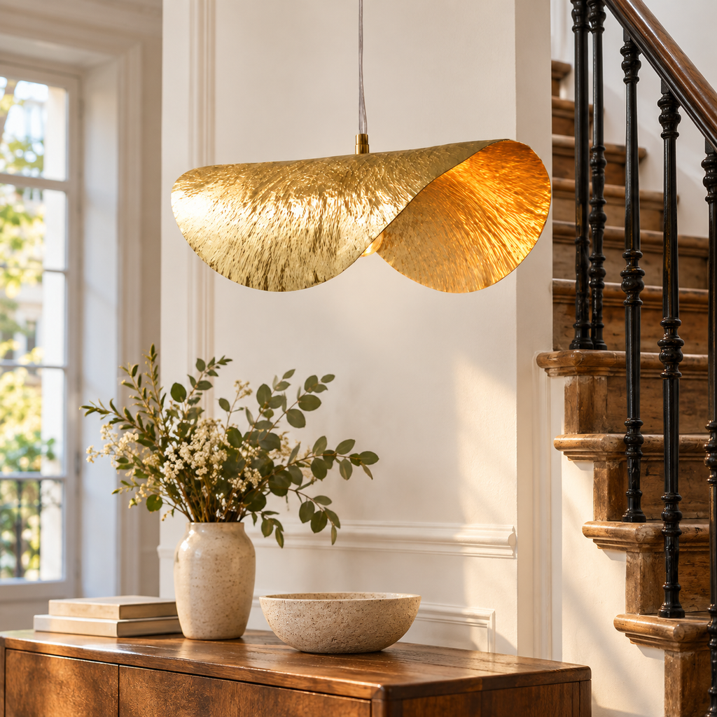 Suspension feuille de lotus dorée dans un décor illustratif au-dessus d'une console près d'un escalier ancien en bois et garde-corps noir
