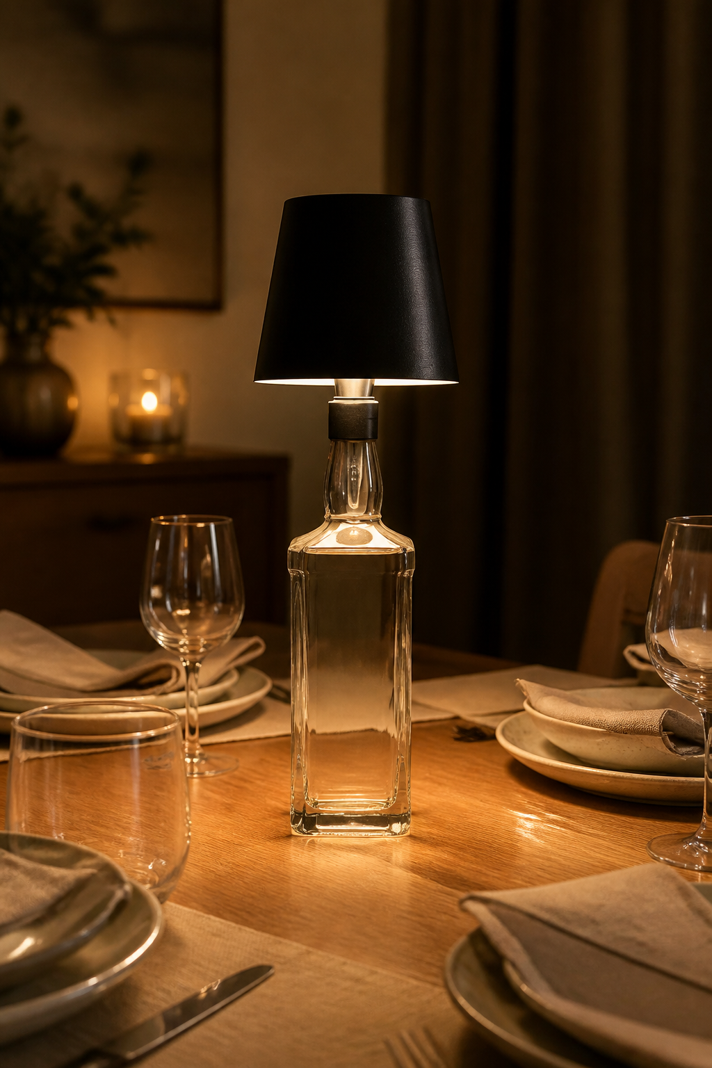 Lumi’Bouteille Noir, lampe sur bouteille lors d’un dîner à la maison