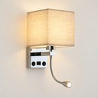 Aparté, beige / avec usb, applique murale à abat-jour carré avec liseuse flexible, mise en scène sans texte.