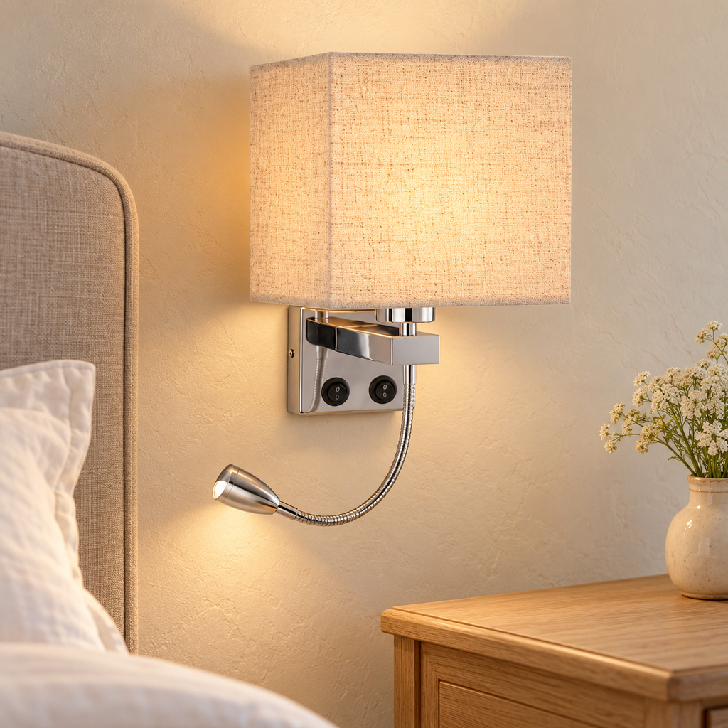 Aparté, beige / sans usb, applique murale à abat-jour carré avec liseuse flexible, mise en scène sans texte.