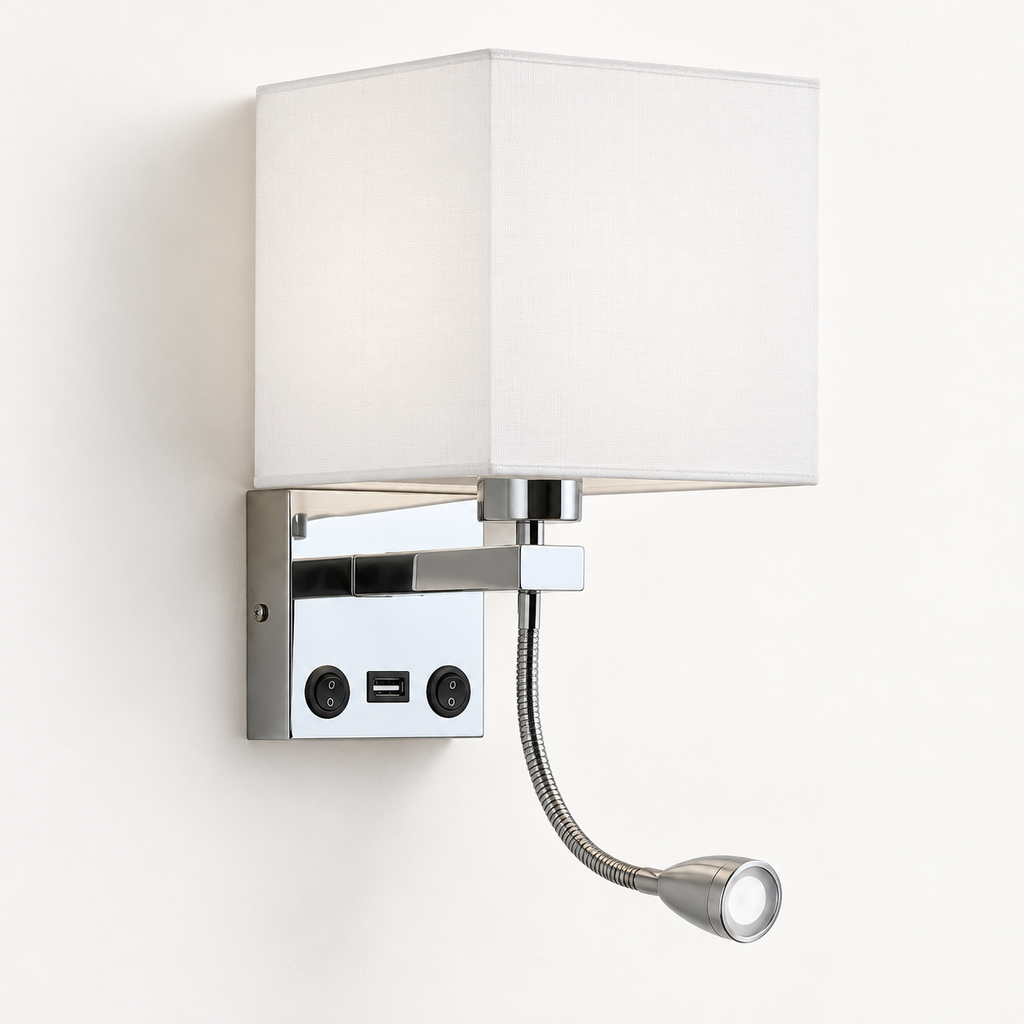 Aparté blanc avec USB-A central — abat-jour carré et liseuse flexible chromée