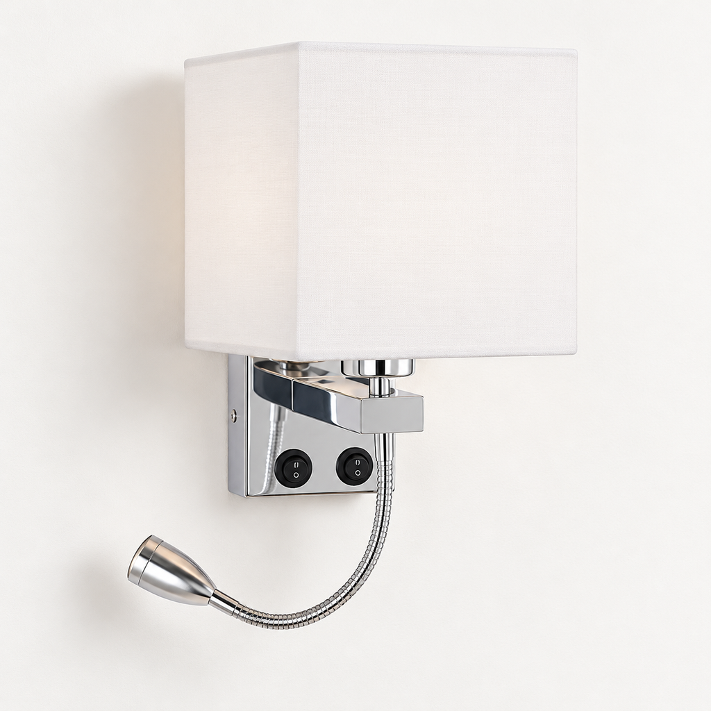 Aparté blanc sans USB — abat-jour carré et liseuse flexible chromée