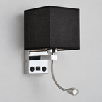 Aparté noire avec USB : abat-jour carré en tissu, port USB-A entre deux commandes et liseuse flexible