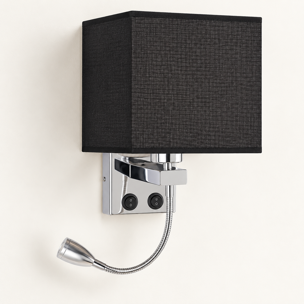 Aparté noire sans USB : abat-jour carré en tissu, platine chromée avec deux commandes et liseuse flexible