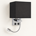Aparté noire sans USB : abat-jour carré en tissu, platine chromée avec deux commandes et liseuse flexible