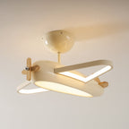 Plafonnier avion beige fixé au plafond, éclairage allumé, vue de trois quarts.