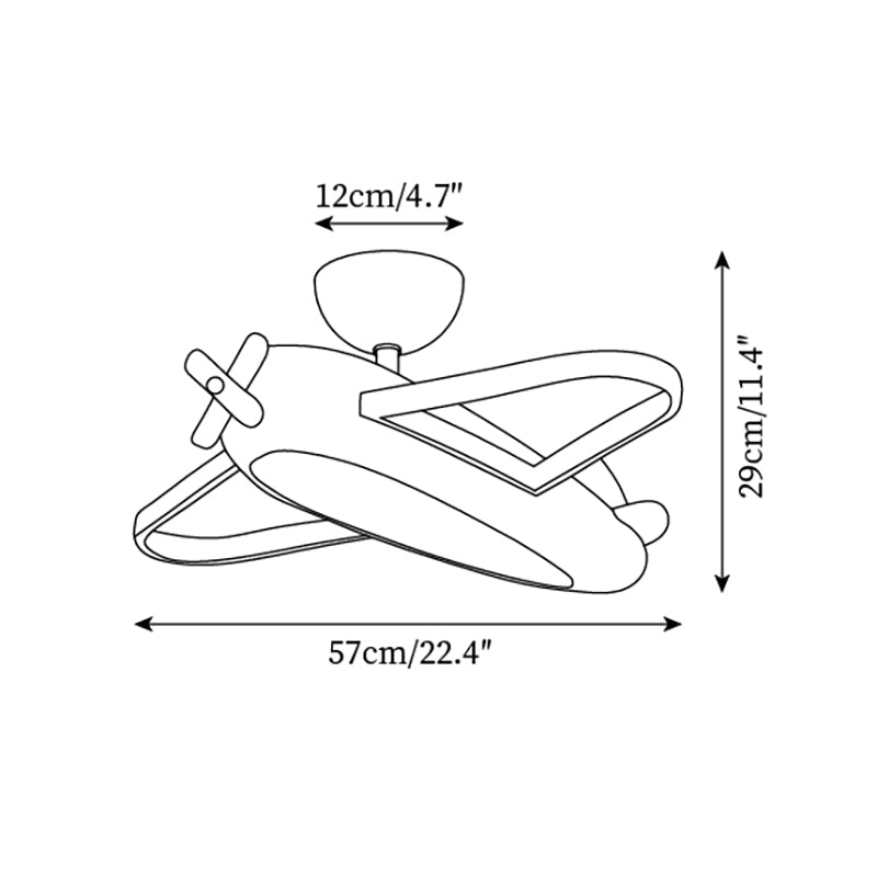 Schéma du plafonnier avion : cote horizontale de 57 cm, hauteur totale de 29 cm et rosace de 12 cm.
