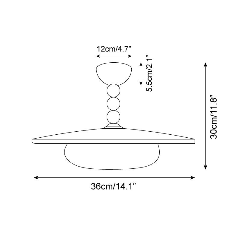 Schéma coté du plafonnier Bosquet : diamètre 36 cm et hauteur 30 cm ; rosace de diamètre 12 cm et hauteur 5,5 cm.