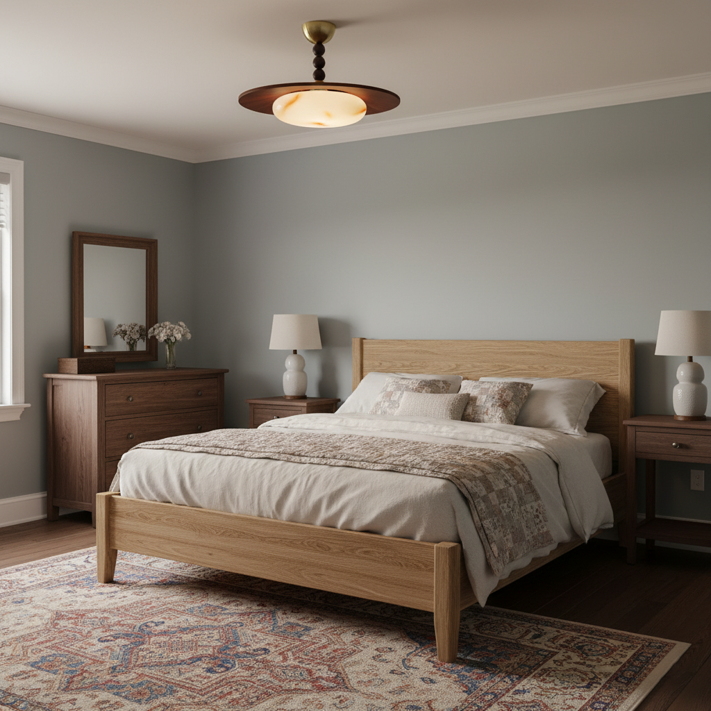 Vue générale d’une chambre avec lit en bois et plafonnier Bosquet allumé au centre du plafond.