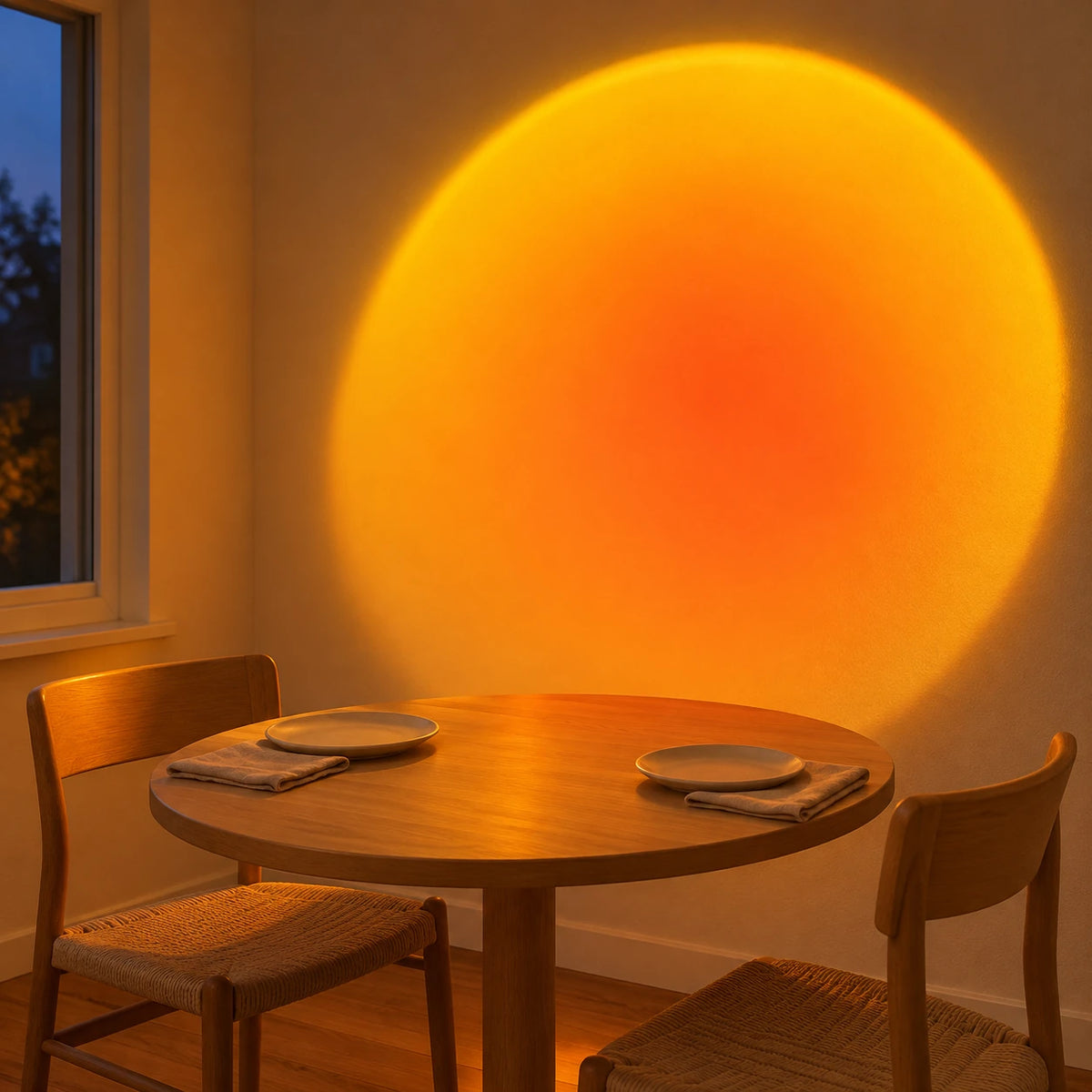 Projection lumineuse orangée sur le mur d’un coin repas