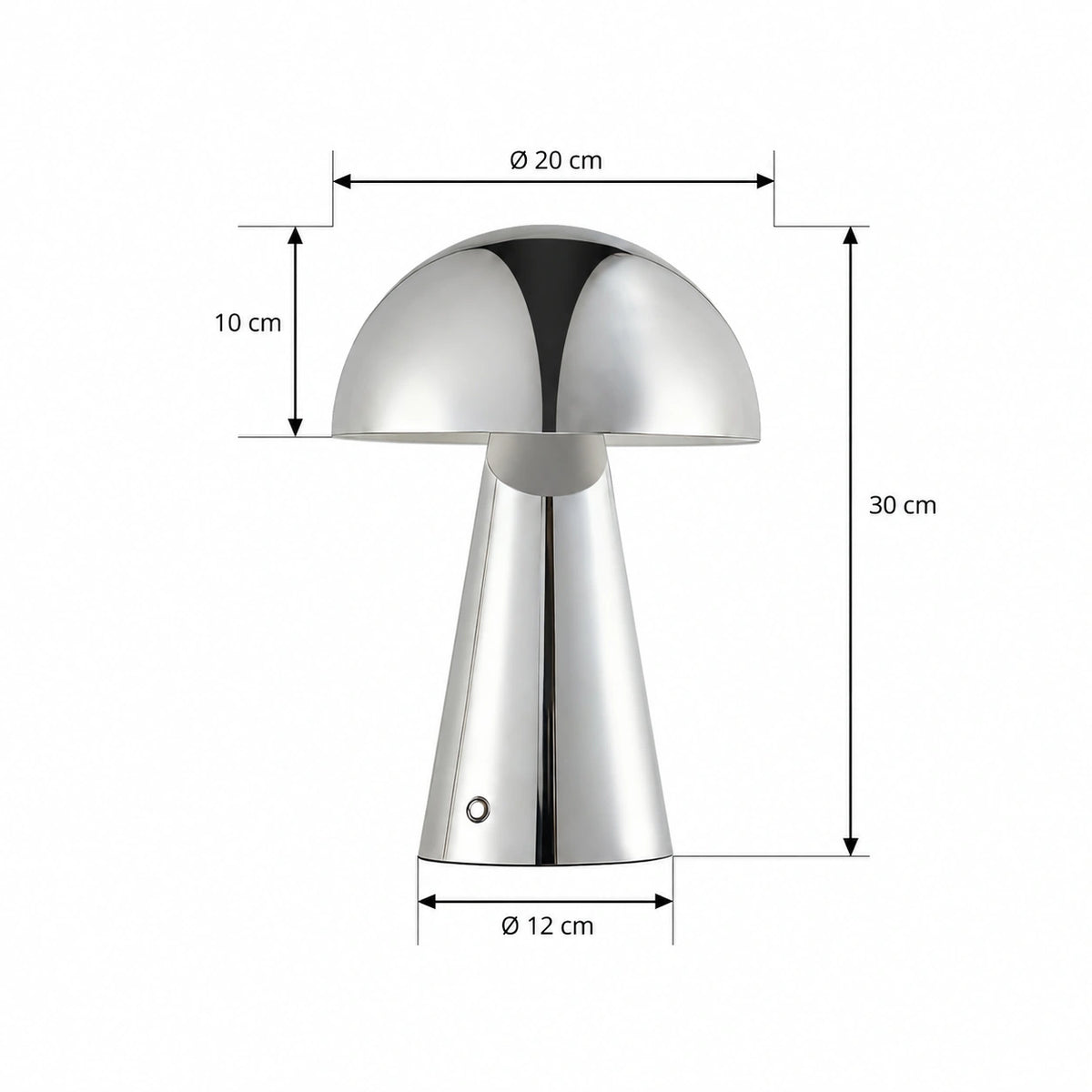 Chromelle chromée — dimensions du luminaire : diamètre 20 cm, hauteur 30 cm et pied de diamètre 12 cm. Schéma retouché pour retirer une longueur de câble non confirmée.