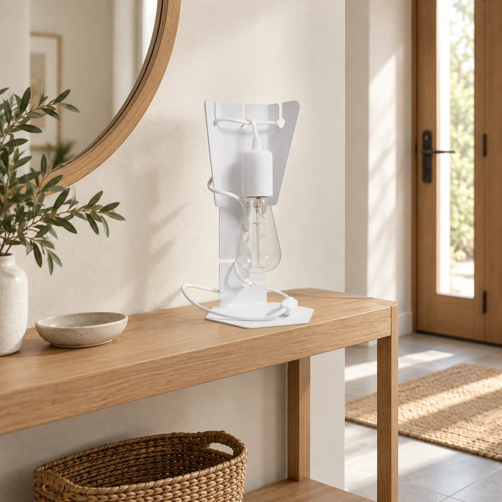 Écritoire Blanc — Console d'entree, cadrage plus large ; mise en scène illustrative, ampoule et décor non inclus.