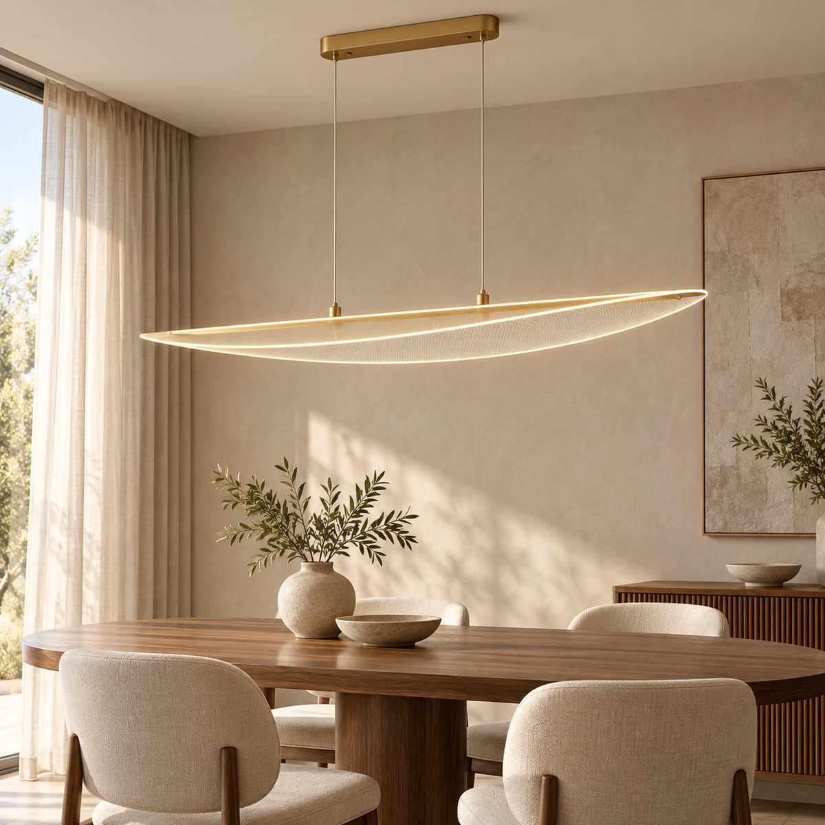 Suspension LED Feuille 118 cm dorée au-dessus d’une table de salle à manger