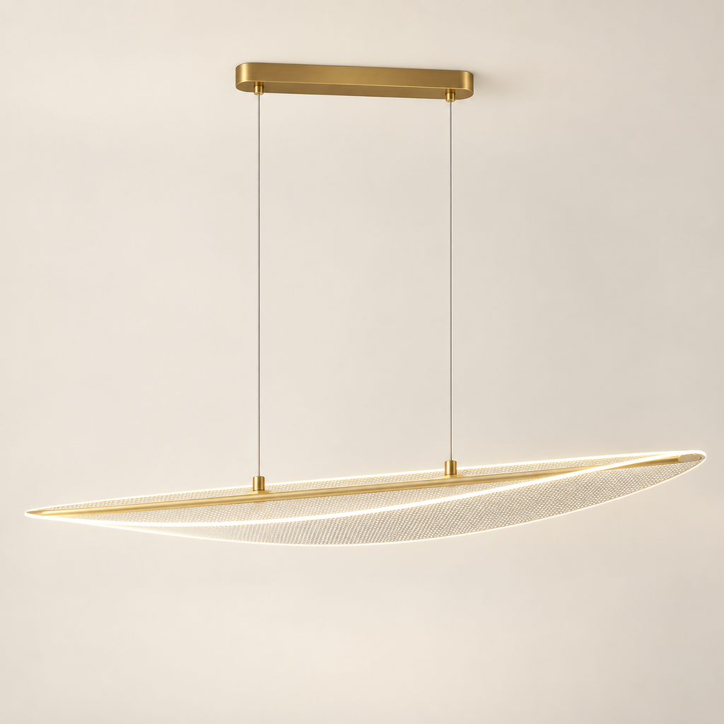 Suspension LED Feuille 118 cm dorée, vue studio