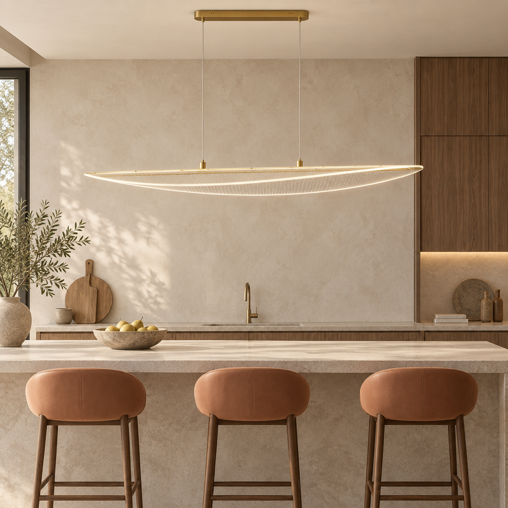 Suspension LED Feuille 118 cm dorée au-dessus d’un îlot de cuisine