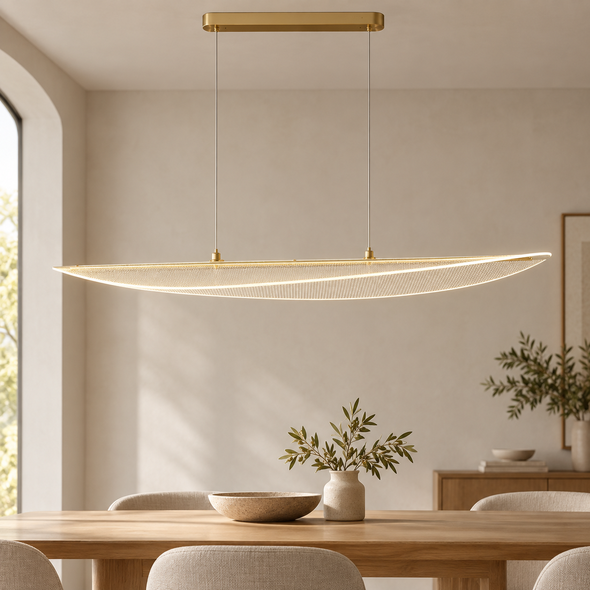 Suspension LED Feuille 118 cm dorée, vue de profil en intérieur