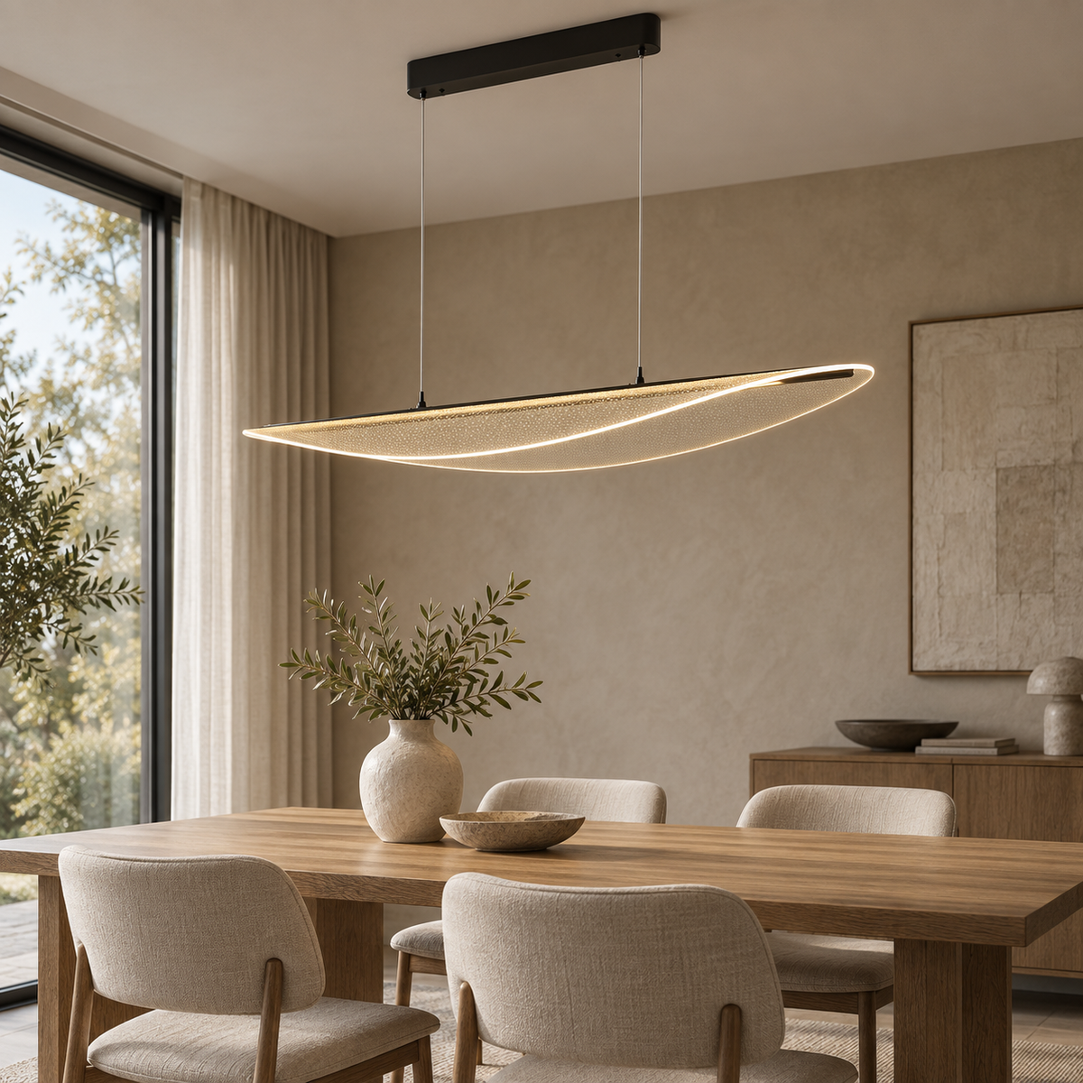 Suspension LED Feuille 118 cm noire au-dessus d’une table de salle à manger