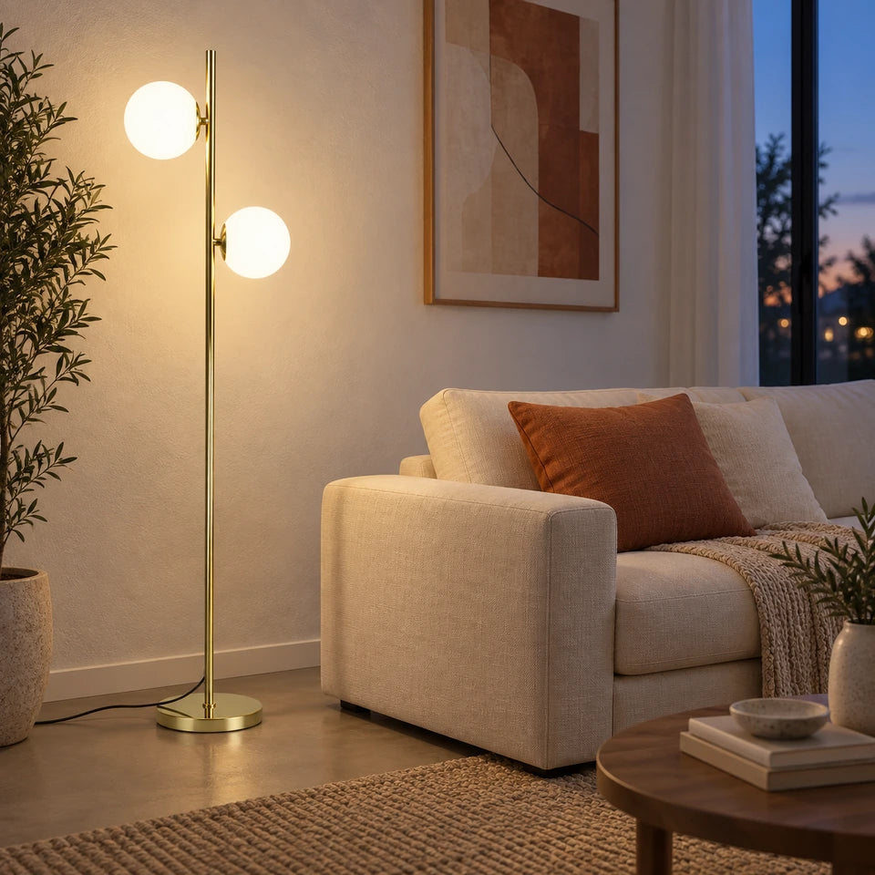 Gémelle, lampadaire doré à deux globes blancs — Ambiance de salon en soirée