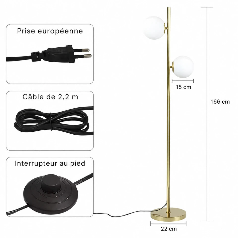Gémelle, lampadaire doré à deux globes blancs — Dimensions du lampadaire