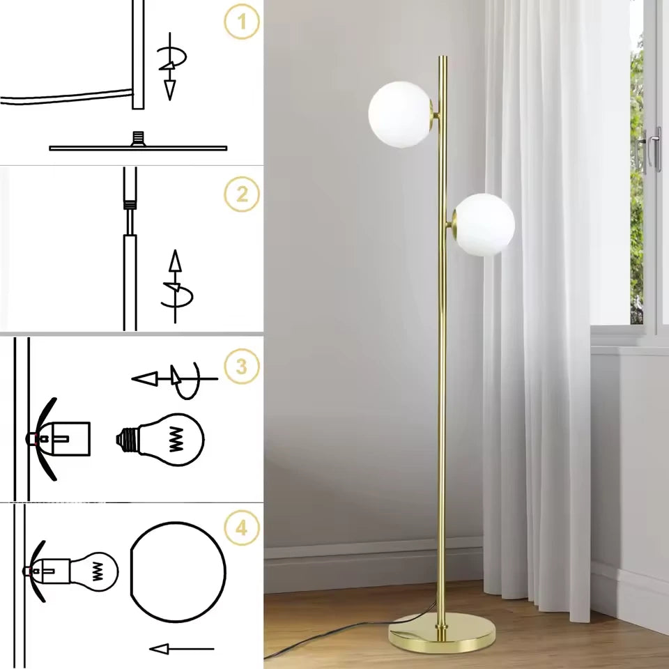 Gémelle, lampadaire doré à deux globes blancs — Illustration des étapes de montage