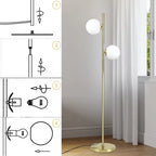 Gémelle, lampadaire doré à deux globes blancs — Illustration des étapes de montage