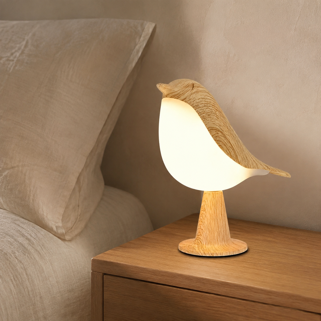 Lampe décorative oiseaux sur une table de chevet — mise en scène d’ambiance retouchée