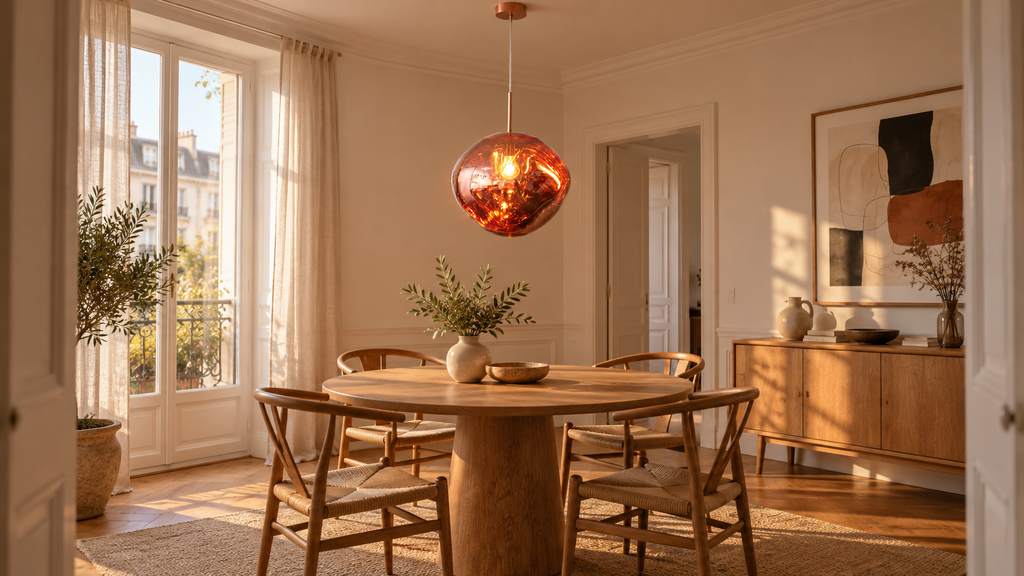 Mise en scène illustrative — Sphère de lave or rose dans une salle à manger.