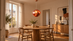 Mise en scène illustrative — Sphère de lave or rose dans une salle à manger.