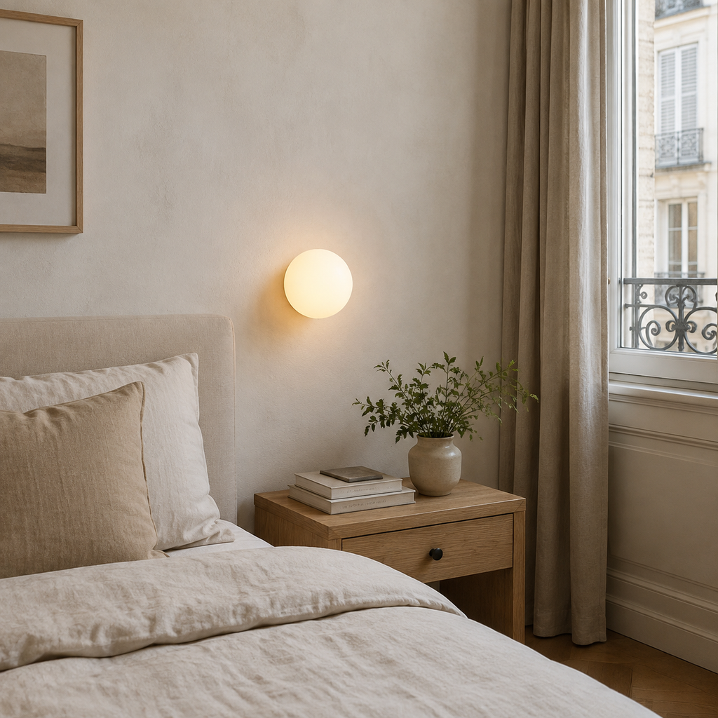 Mise en scène illustrative de l’applique Nacra ronde dans une chambre naturelle