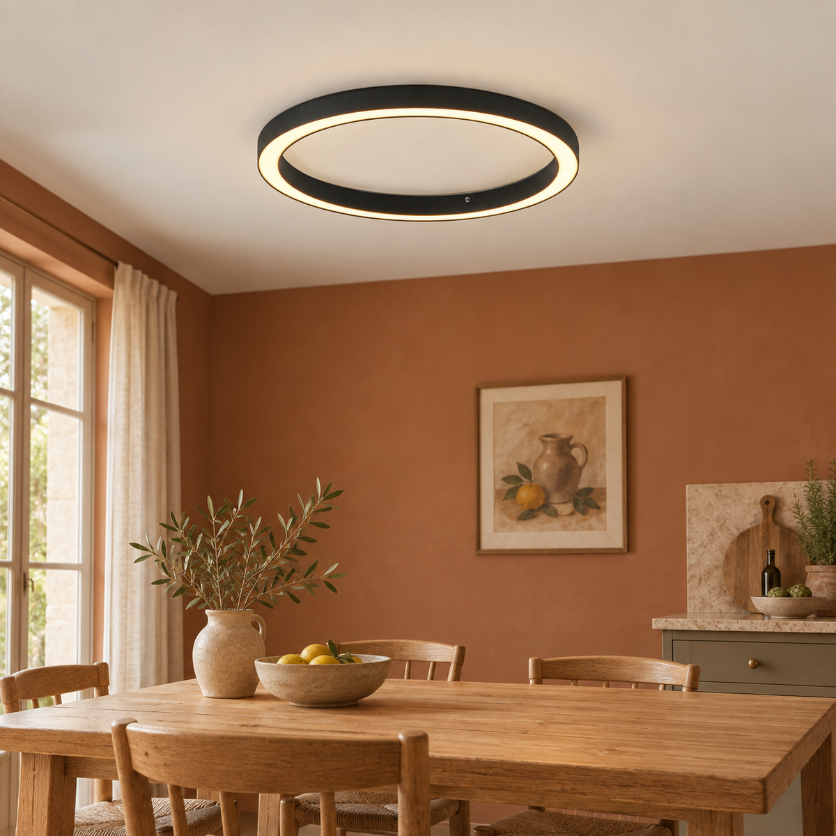 Nuance, plafonnier noir à anneau ouvert, allumé au-dessus d’une table de cuisine. Mise en scène générée ; décor non inclus.