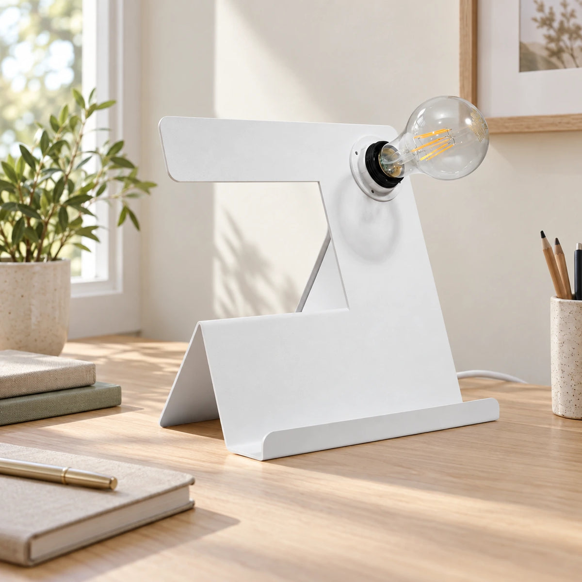 Oblique Blanc — bureau de jour ; mise en scène illustrative, ampoule et décor non inclus.