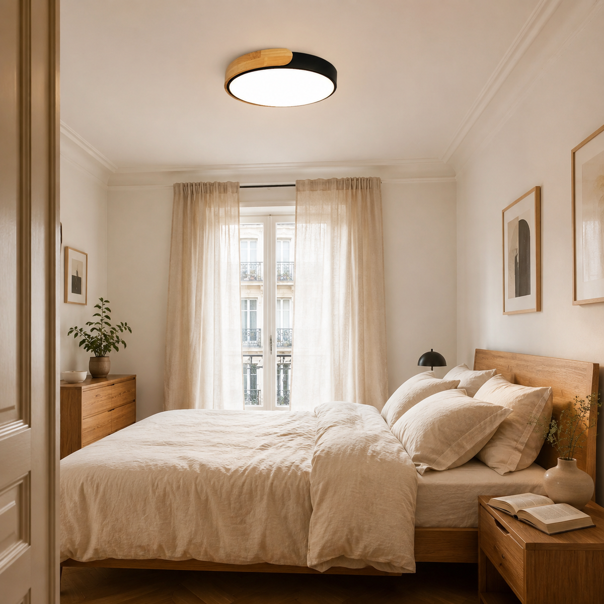 Mise en scène illustrative du plafonnier noir et bois dans une chambre aux tons naturels