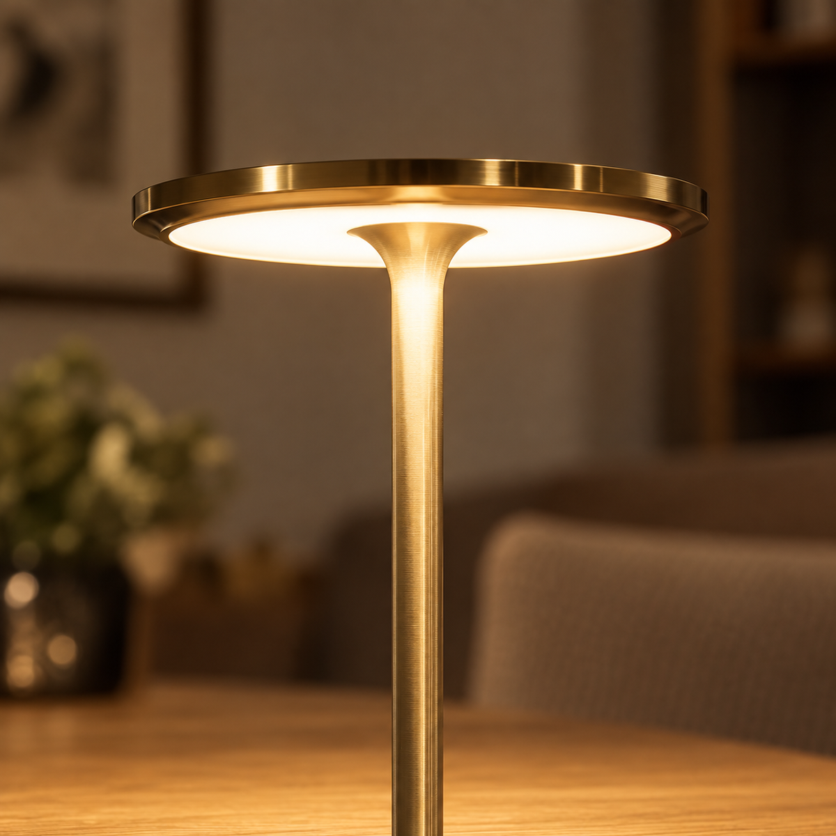 Rétalis, lampe de table or — détail de la tête lumineuse ; mise en scène illustrative