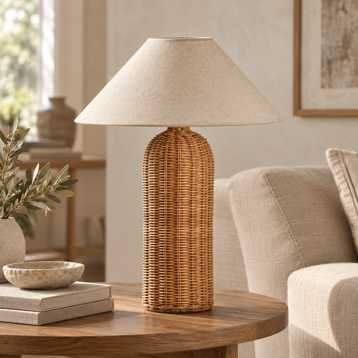 Lampe à poser en rotin 47 cm dans un salon